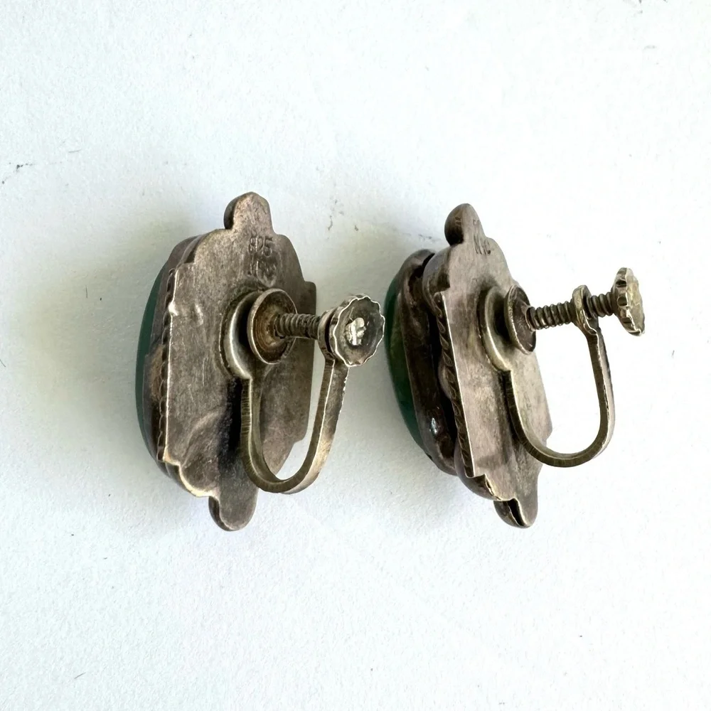 Vintage Green Onyx Earrings Sterling Silver Screw Back‎ 925 Alpaca Mexico Signed